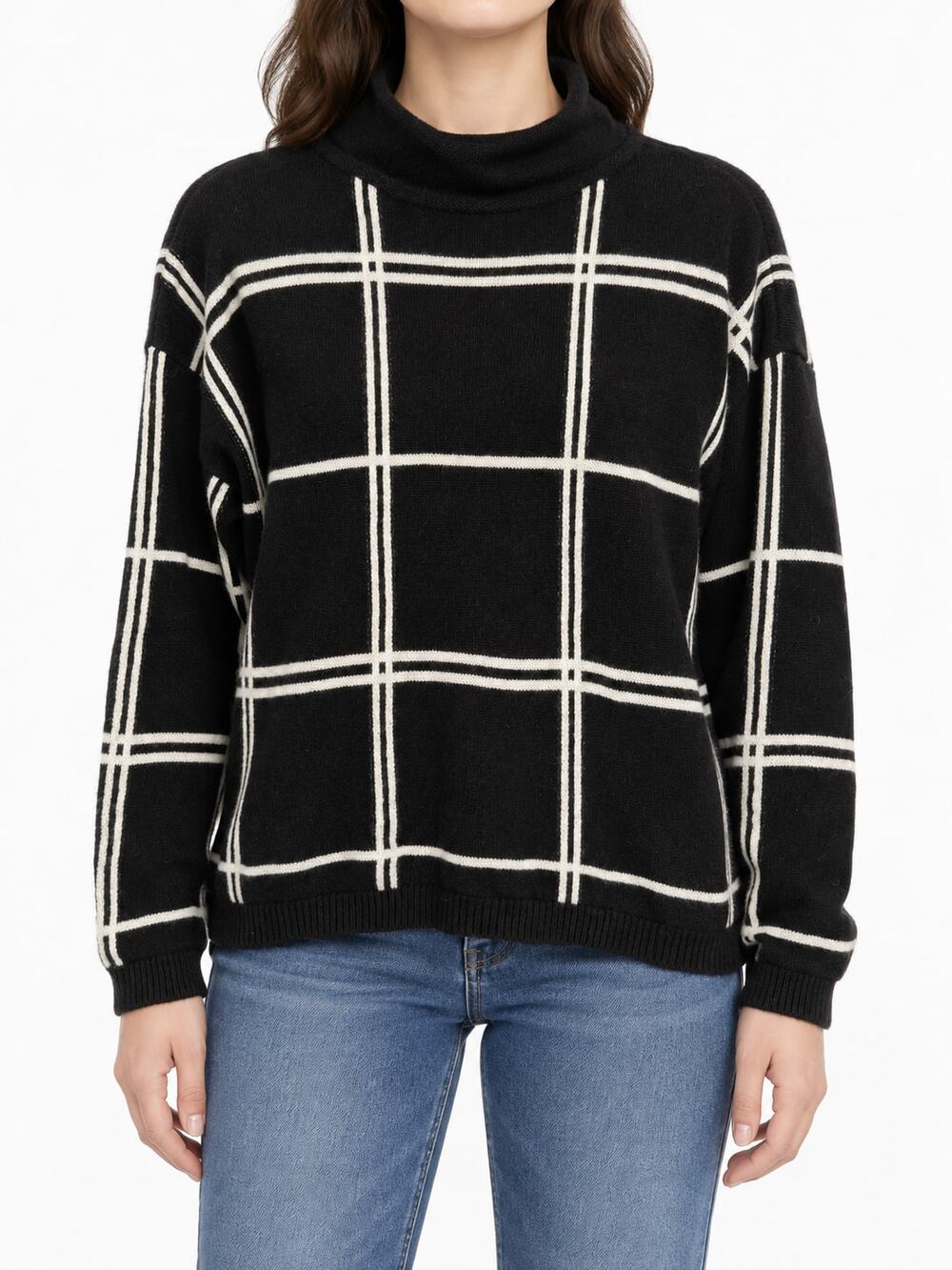 Saks Fifth Avenue Women's Black Ivory 100% Cashmere Windowpane Sweater Size Med